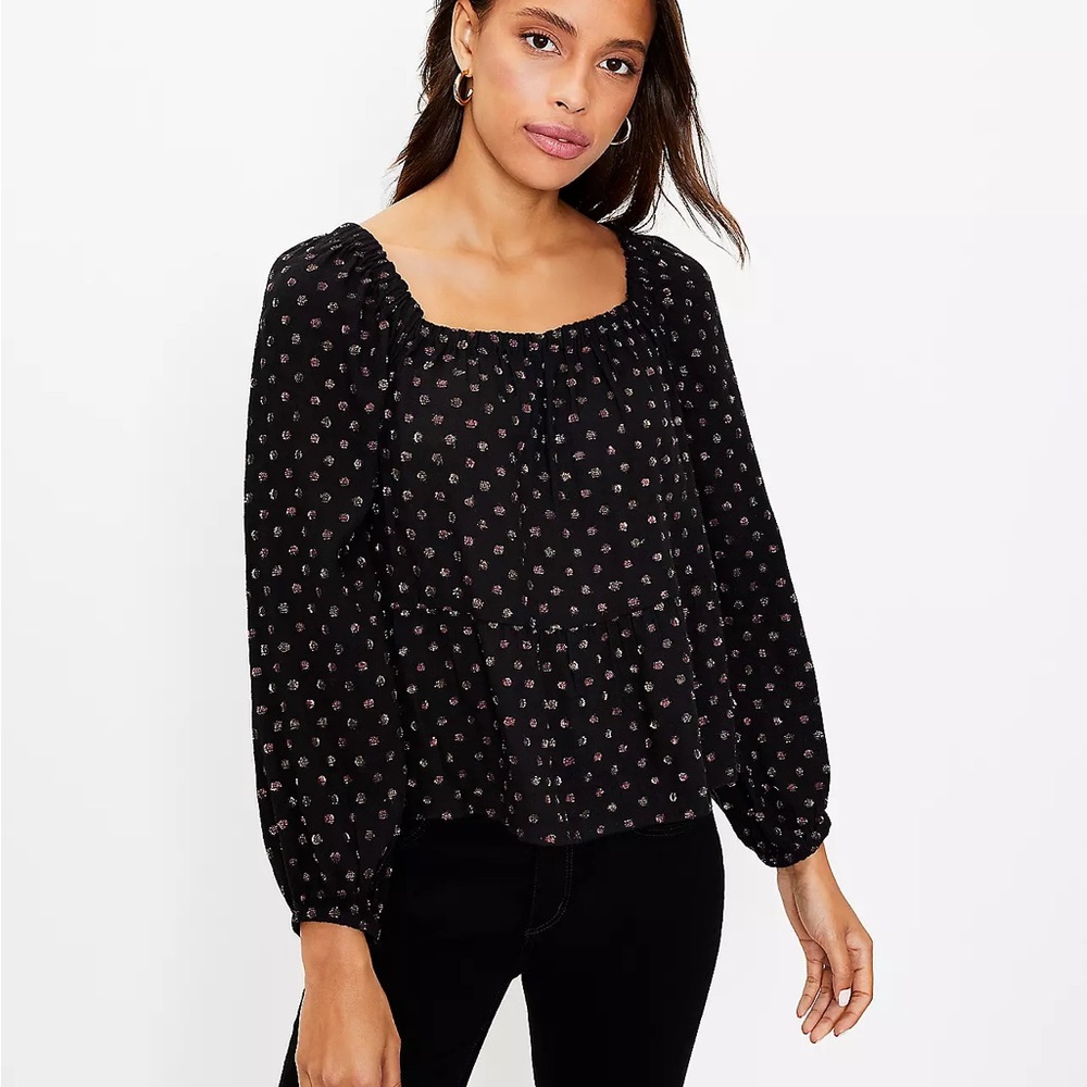 Loft Shimmer Dot Square Neck Peplum Blouse Medium Black NWT